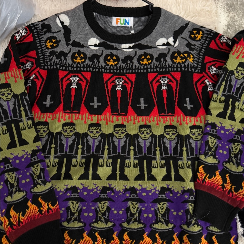Fun Halloween Spooky Ugly Sweater Dracula Monsters Unisex Large - Picture 3 of 7
